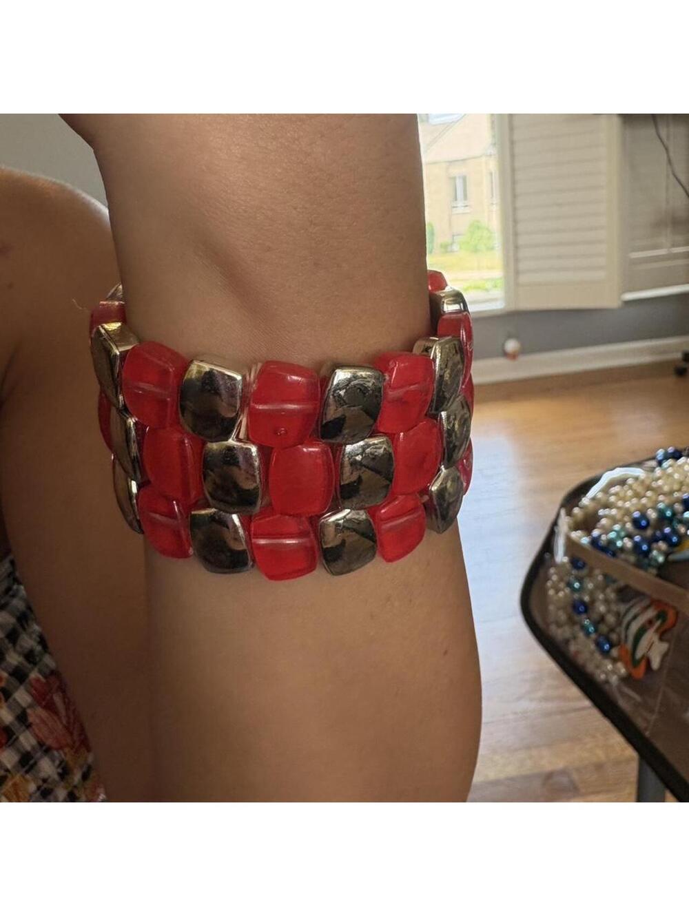 Stretch Bracelet Womens OS Red Silver Excellent Chunky Triple Row Cuff